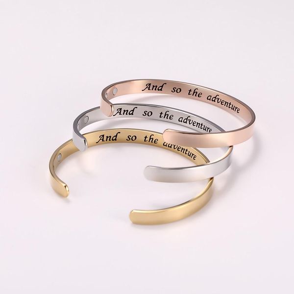 

trendy engraved letter and so the adventure begins word bracelet stainless steel c shape magnetic cuff bangle, White