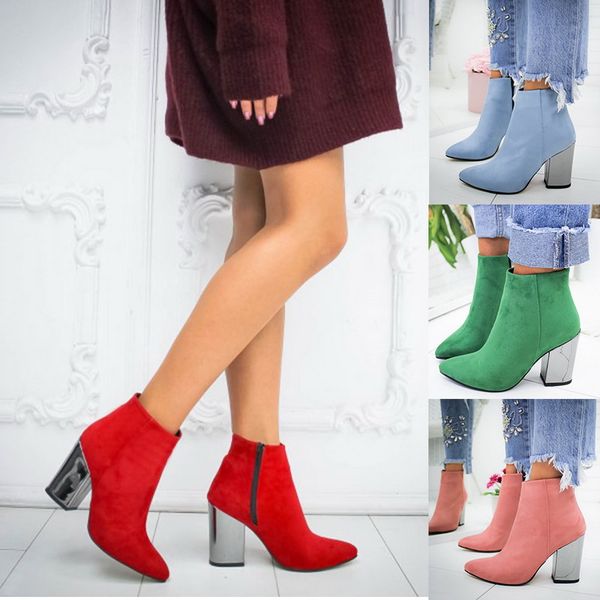 

shujin high heel boots winter shoes women boots 2019 pointed toe zipper women's winter heel shoes ladies ankle, Black