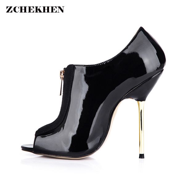 

fashion patent leather women's shoes ultra high heels gladiator female pumps peep toe platform spike heels zipper decoration, Black