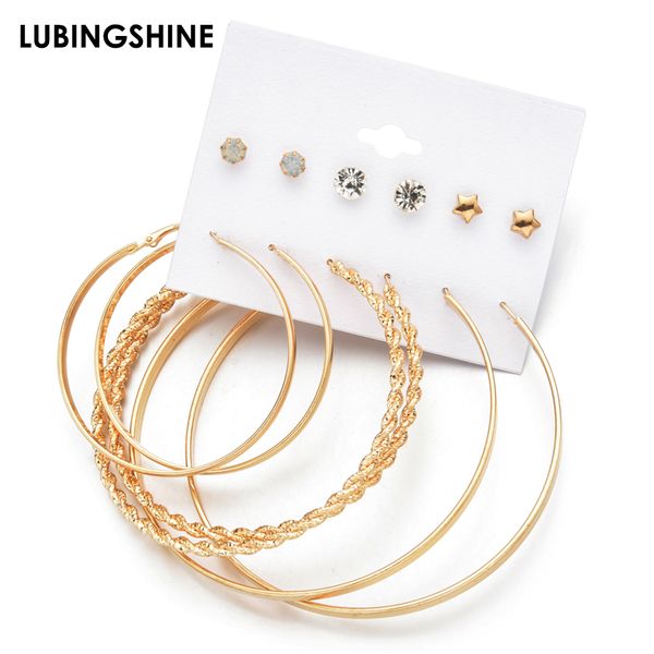

6pair / серия мода кристалл малые звезды стад серьги цвета золота сплава twist большой круг серьги для женщин девушки партии ювелирных издел, Golden;silver