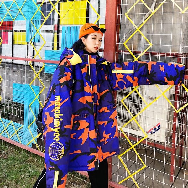 

street hip-hop wind colour camouflage zipper long couple's thickened cotton bf tool coats parkas coat, Black