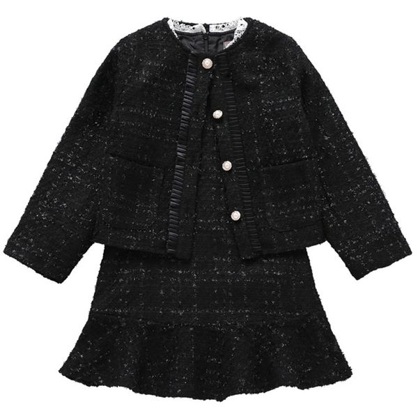 

3 to 12 years kids & big girls pearled button fall winter jacket with long sleeve flare dress two pieces sets clothing set, White