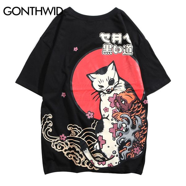 

gonthwid japanese ukiyo cat printed t shirts 2019 summer short sleeve streetwear tees men women fashion hip hop casual tshirts, White;black
