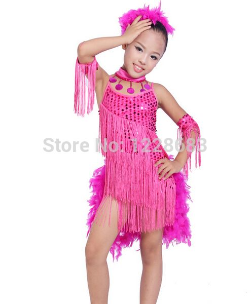 

скидка блесток перо бахрома ребенок дети платья танец латинская девушка костюмы для бальных танцев бальные танцы платье девушки, Black;red