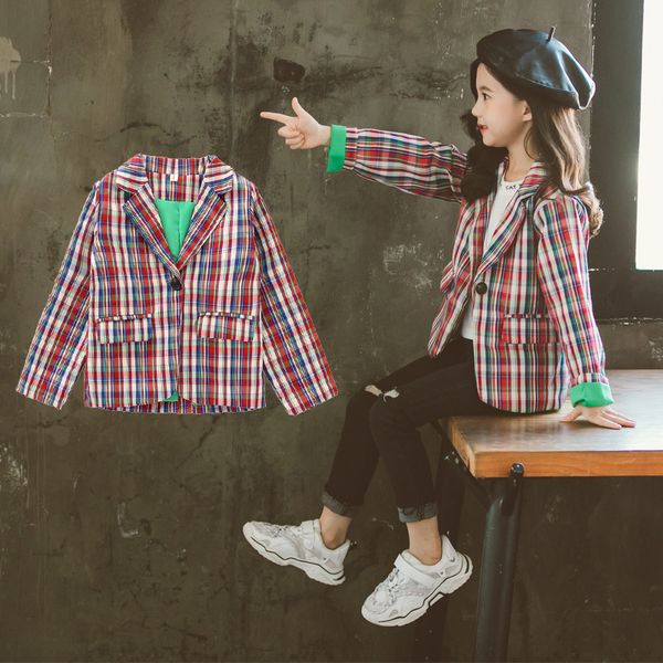 

2019 new girls' blazers western princess coats children's spring wear korean kids jacket girls' pink plaid v-neck outwear bab, Blue;gray