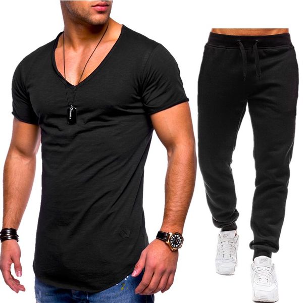 

fashion brand men's trousers 2019 new sportswear + joggers sweatpants suits sportwear two pieces sets gyms fitness trousers men, Black