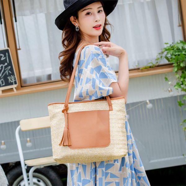 

thinkthendo 2019 women's woven handbag tassel beach straw bag shoulder large outdoor travel tote bags