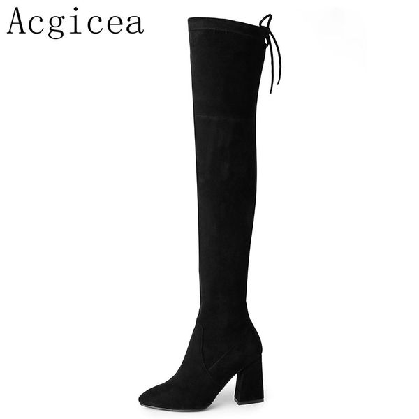 

size35-51 nice new fashion women boots winter comfortable 8.5cm high heels shoes woman ladies over the knee cross tied footwear, Black