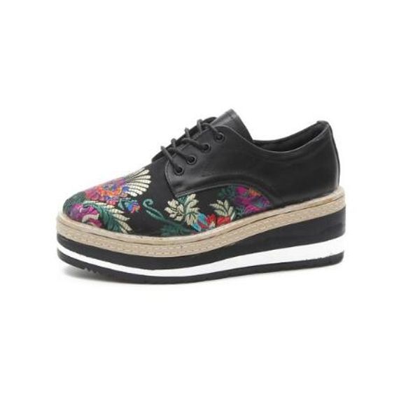 

Autumn Women Creepers Platform Shoes Woman Casual Fashion High Heel Pumps Embroidered Lace-Up PU Leather Shoes Size 35-39