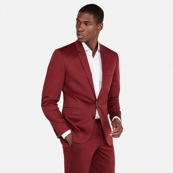 Dark Red Slim Fit Mens Suits Wedding noivos smoking entalhado lapela Formal Suit Blazer Two Pieces Prom (Jacket + calça)