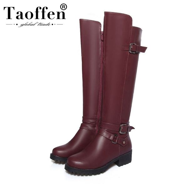 

taoffen 4 colors pu leather woman straight boots buckle zipper flats knee high boots daily office ladies shoes woman size 34-43, Black