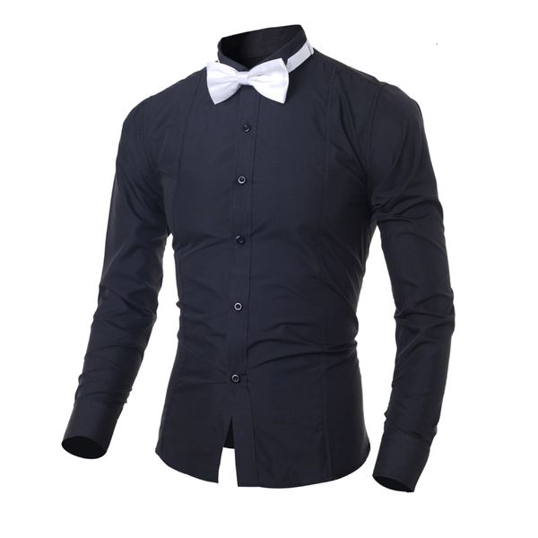 

new design stylish fashion classic men's shirts with bowtie -2xl long sleeve pure color young man formal shirt slim fit, White;black