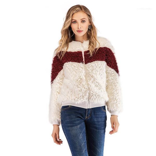 

zipper casual apparel womens winter designer faux fur crew neck long sleeve warm style female clothing solid color, Black