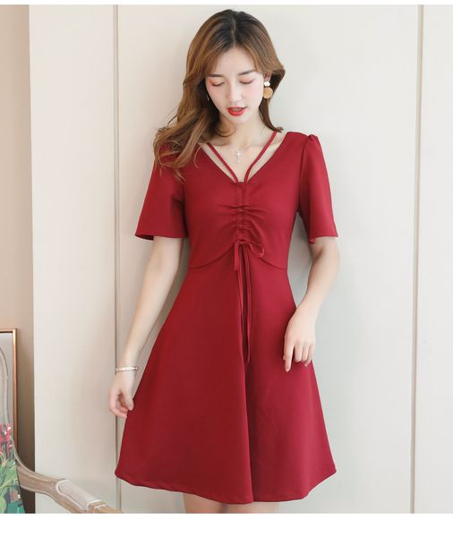 

watermelon red pure color dress with short sleeves, Black;gray