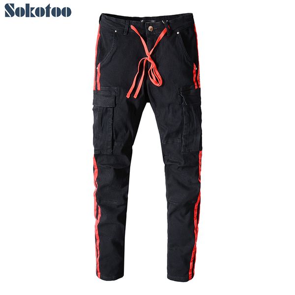 

sokotoo men's red lines black pockets cargo jeans slim fit stretch denim pants, Blue