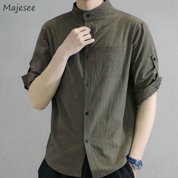 

men shirts half-length sleeve solid linen stand collar single breasted simple literal loose plus size 5xl casual trendy male top, White;black