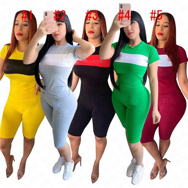 

summer women brand tracksuit letters printed t shirt + shorts two pieces sets patchwork sportswear short sleeve casual outfits d62909, White