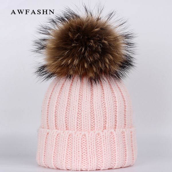 

new children's raccoon fur pom poms knit beanies hat winter hat warm boy girl skullies slouchy ski thicken hedging cap baby kids