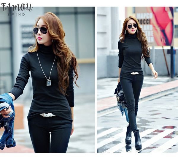

2020 new arrival womens clothing t shirt in autumn winter multicolor turtleneck long sleeve long warm basic shirt, White