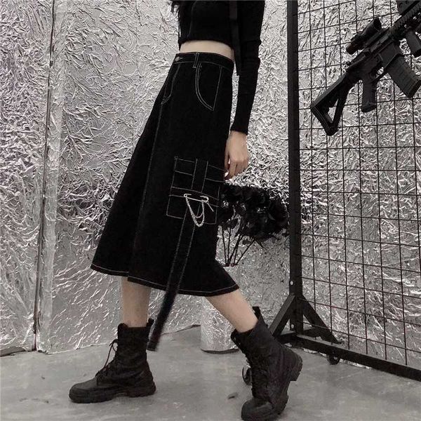 

gothic style ulzzang vintage denim skirt harajuku high waist pocket women tooling fashion street handsome black slim skirt