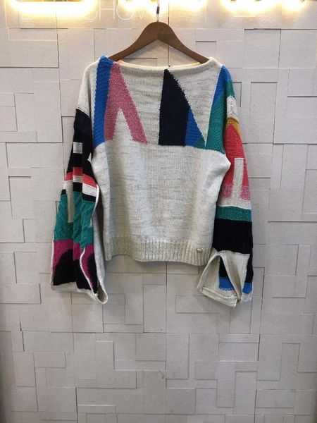 

1028autumn women's sweater jacket geometric square jacquard split cuffs loose casual lazy wind versatile, White;black