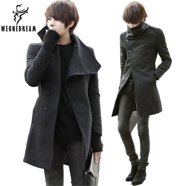 

2017 sell men's solid woolen trench coat male long big collar slim fit jackets outercoats, Black
