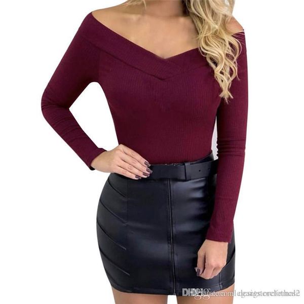 

шеи трикотажные топы дизайнерские твердые с длинным рукавом комбинезоны модные женские повседневные футболки женские сексуальные v, White