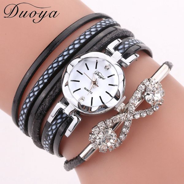 

duoya brand fashion luxury rhinestone leather bracelet watch women ladies quartz watch casual wrist watches, Slivery;brown