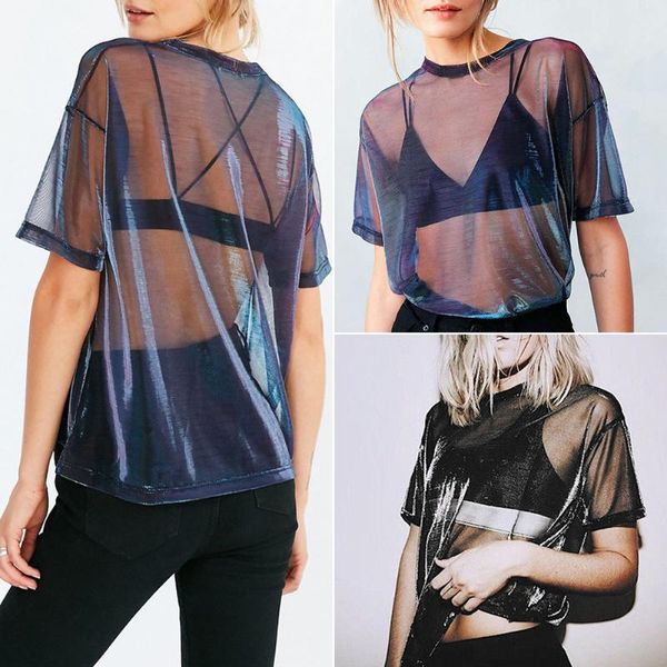 

new summer mesh t-shirt tshirts women fashion short sleeve see through o-neck loose hollow tees t-shirts ropa mujer#38, White