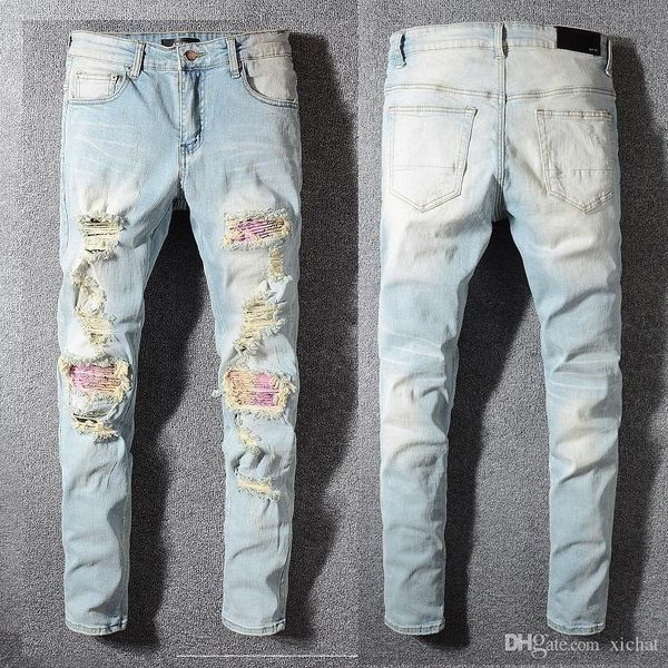 

unique mens ripped fold skinny jeans stretch designer slim fit motorcycle biker scratched patches beggar hip hop denim pants 589, Blue
