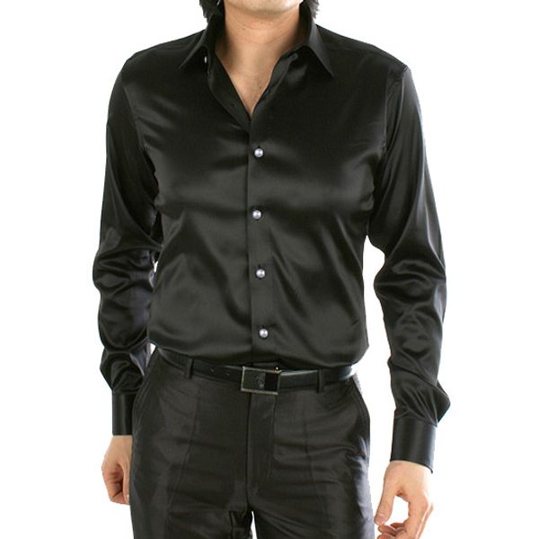 

mens shirt long-sleeved satin silk pure color black, White;black
