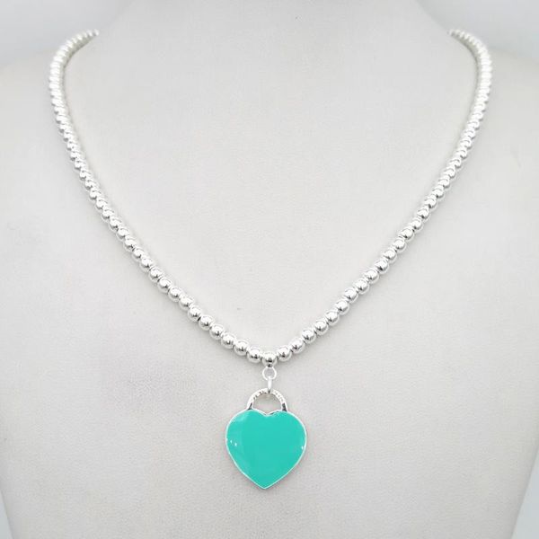 

sterling silver 925 classic fashion exclusive blue enamel heart card lady 4mm ball bead necklace jewelry