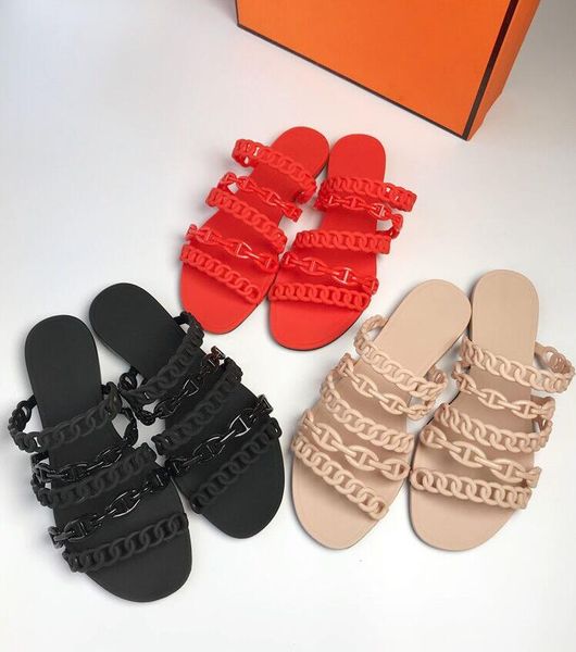 

2020 european five chain summer sandals outside slip on soft pvc flat slides fashion brand beach shoes casual summer slipper, Black