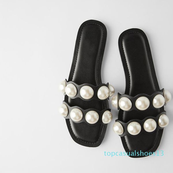 

2020 women slippers woman fashion pearl female summer beach shoes women's comfortable outdoor flats ladies slides plus size 41 t13, Black