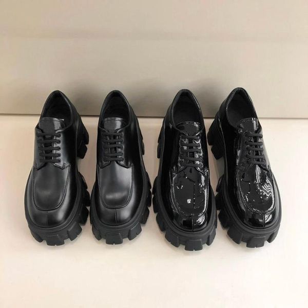 

classic women shoes genuine leather flat platform shoes round toe lace-up flats elevator woman casual for women, Black