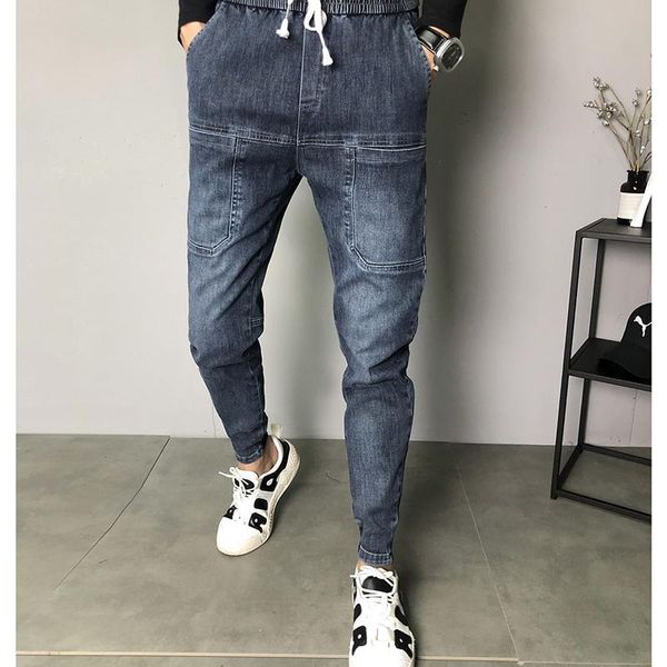 

fashion vintage washed harem jeans slim fit stretch patchwork pockets denim pants joggers cuffed jean trousers for male, Blue