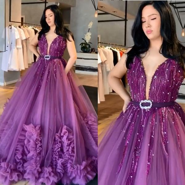 

prom dresses modest deep v-neck sequins lace evening dress party pageant gowns special occasion dress with belt dubai robes de soire, Black;red