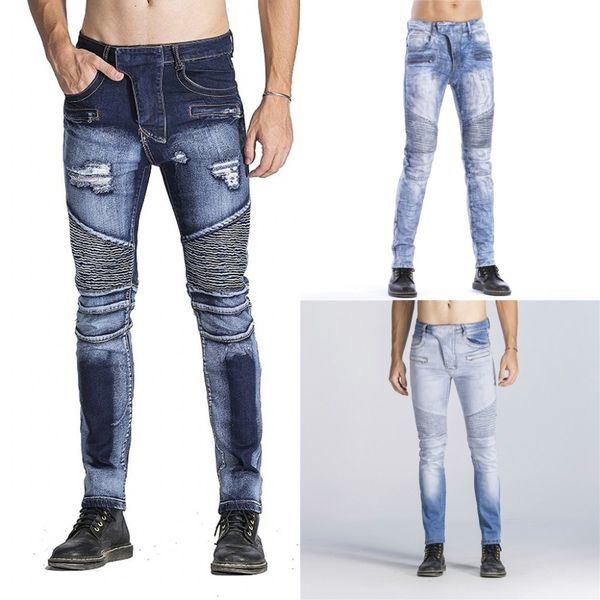 

high-quality men fashion distressed ripped skinny jeans 124#, Blue