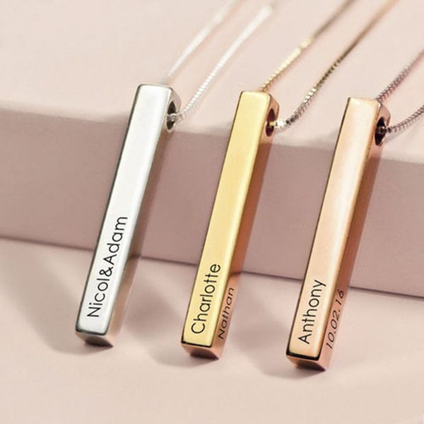 Nuovo Personalizza Collana a quattro lati Incisione Personalizzata Piazza 3D Bar Collana con nome personalizzato Ciondolo in argento sterling 925 Regalo per donna / uomo