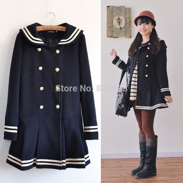 

sweet double-breasted deep blue winter coat sailor style wool coat girls winter coats, Black