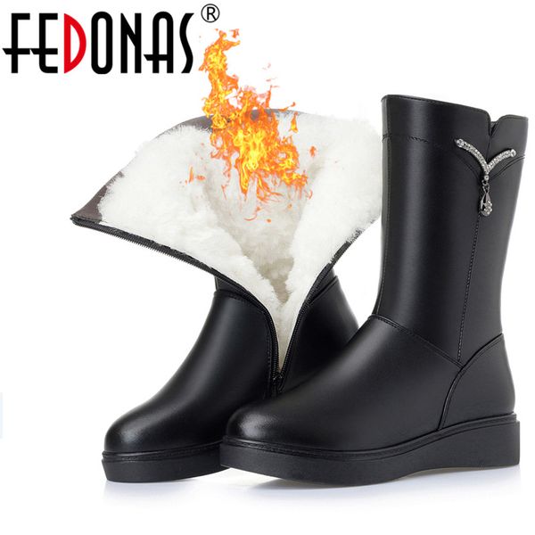 

fedonas women mid-calf boots high heels warm wool long snow shoes woman winter rhinestone party shoes high boots, Black