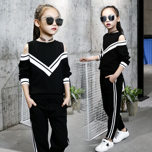 2019 Fashion Big Girls Tute sportive con spalle scoperte Set di abbigliamento nero / bianco per adolescenti Primavera Autunno Tuta Abbigliamento sportivo per bambini SH190907