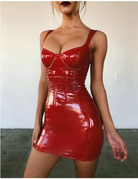 

casual dresses 2021 ladies sleeveless sling waist dress faux leather bodycon mini club, Black;gray
