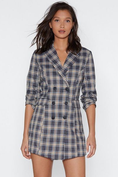 

wowen's vintage plaid blazer notched collar long sleeve button double breasted long jacket with pockets female autumn coat, White;black
