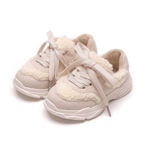 

ulknn kids wool shoes winter baby fur shoes lace up boys sneakers white warm cotton leather school sport trainers, Black;red