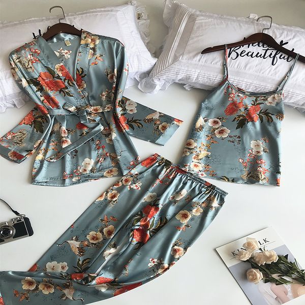 

bzel silk satin pajamas set women lingerie floral print sleepwear women's 3 pieces pijamas woman silky sleepwear wholesale, Black;red