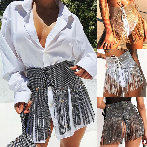 

novelty women bling sequin tassel metal mini skirt wrap festival party club beach, Black