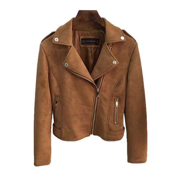 

zipper basic suede jacket coat new elegant autumn motorcycle jacket women outwear beige slim winter, Black