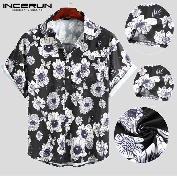 

incerun men short sleeve lapel shirts fashion loose summer hawaiian shirt casual buttons flower floral blouse streewear 3xl, White;black