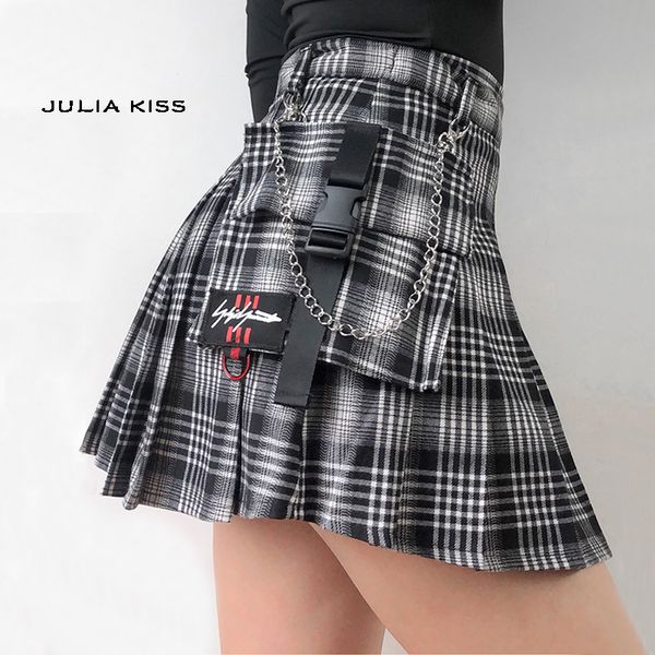 

women co-ord check wrap mini skirt with horn buckle preppy stylr mini skort, Black;gray
